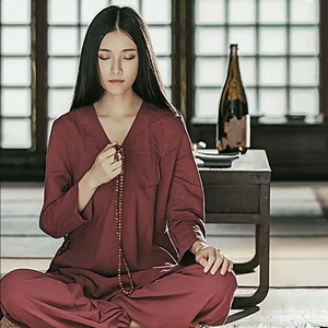 秋冬中式棉麻瑜伽服套装打坐禅修服女禅意斜襟改良茶服汉服工作服