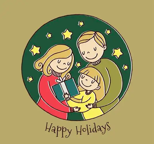 彩绘假期三口之家合影矢量图