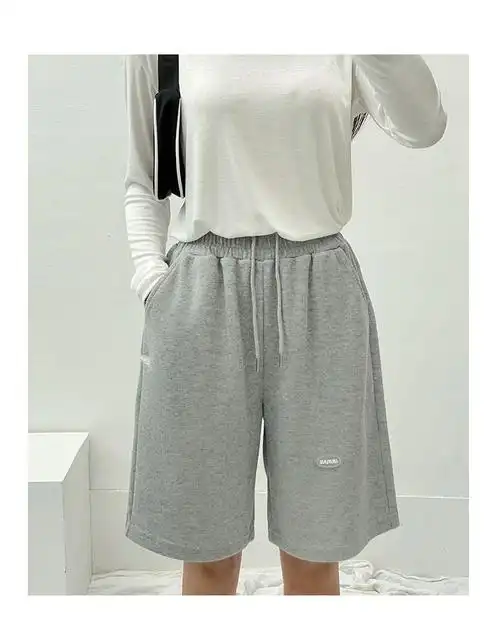 灰色运动短裤女夏季宽松高腰外穿直筒学生中裤休闲裤阔腿五分裤潮