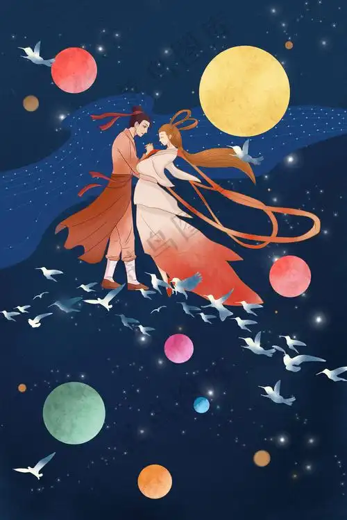 卡通神话鹊桥相会牛郎织女插画(3545*5315px 300 dpi ) - 菜鸟图库