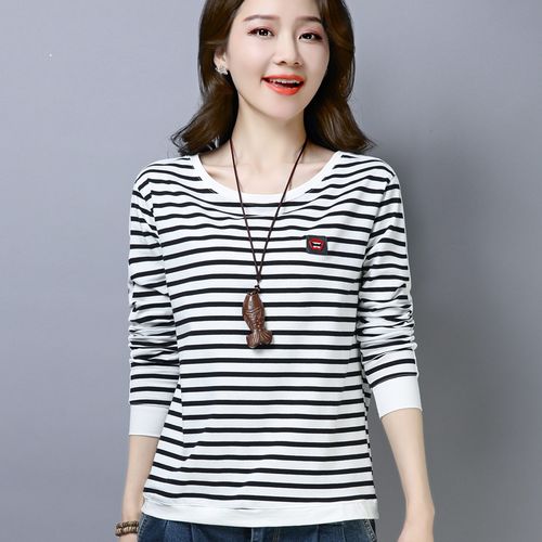 2020年春秋装新款妈妈纯棉长袖t恤女 胖mm宽松大码条纹上衣打底衫