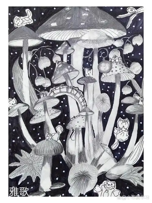 学生作品—创意素描《蘑菇