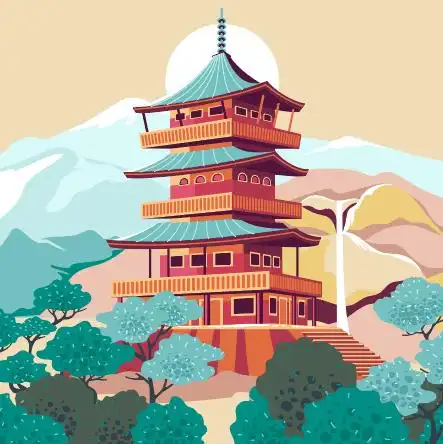 红色手绘日本楼阁建筑矢量素材