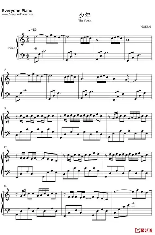 少年钢琴谱-梦然-c调简单版-愿你归来仍是少年-抖音热歌1