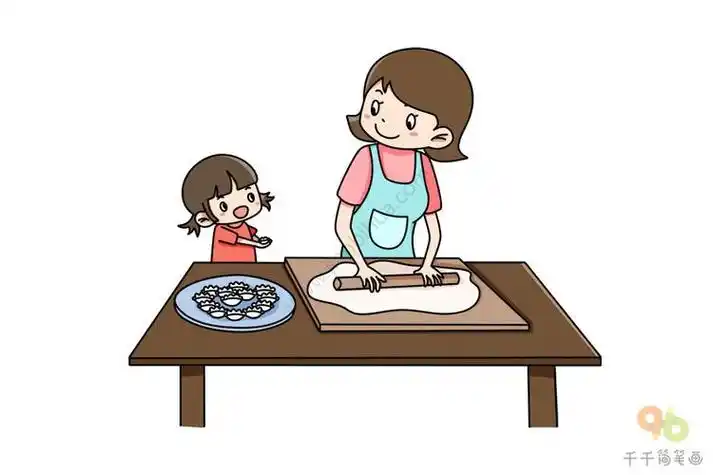 包包子包饺子的小女孩的简笔画