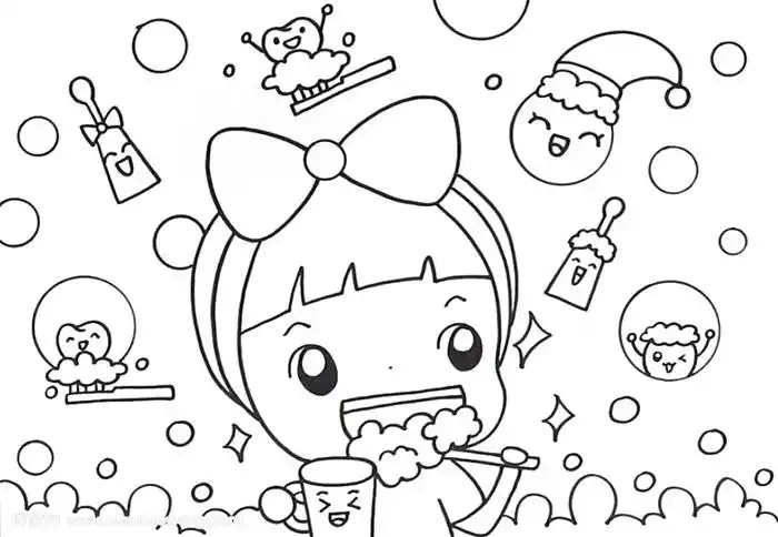 2,然后在周围画一些正在刷牙的卡通形象,例如牙齿,还有牙膏和