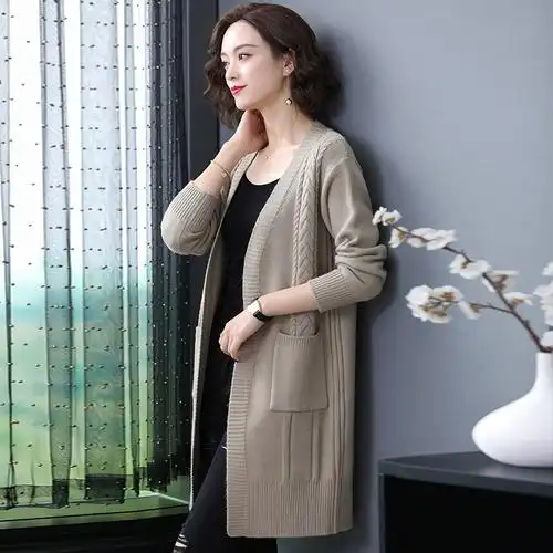 女士春秋毛衣披肩外套时尚中年妈妈宽松中长款含羊毛针织开衫外搭