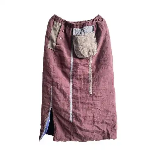 亚麻粗布拼色水洗做旧斜襟系带复古短棉衣冬季女装棉麻加棉半身裙