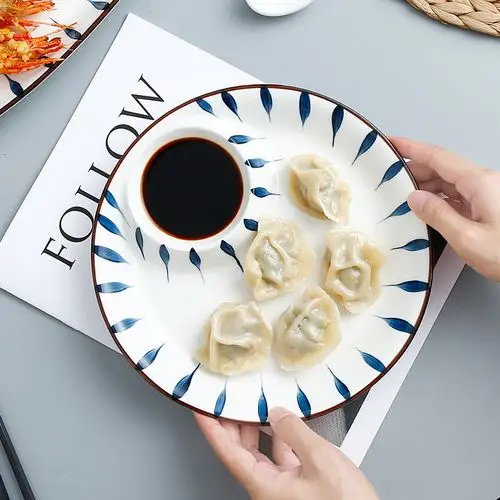 带托盘手绘碟子盘子饺子盘日式碟家用 蒸饺 陶瓷大号盛分格醋创意