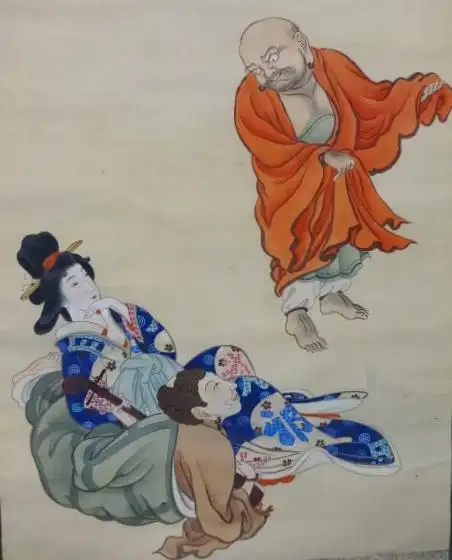 河锅暁斎「美女に达磨釈尊」绢本肉笔保证珍品旧家蔵