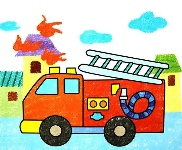 救火车_幼儿蜡笔画作品,幼儿园画画