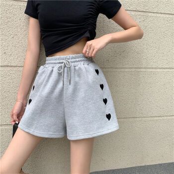 短裤女夏季新款学生运动裤宽松大尺码休闲短裤高腰阔腿爱心刺绣热裤浅