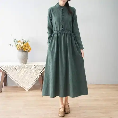 素订棉麻女装官方素素杭州秋季提花连衣裙女木耳边立领长袖高腰抽绳