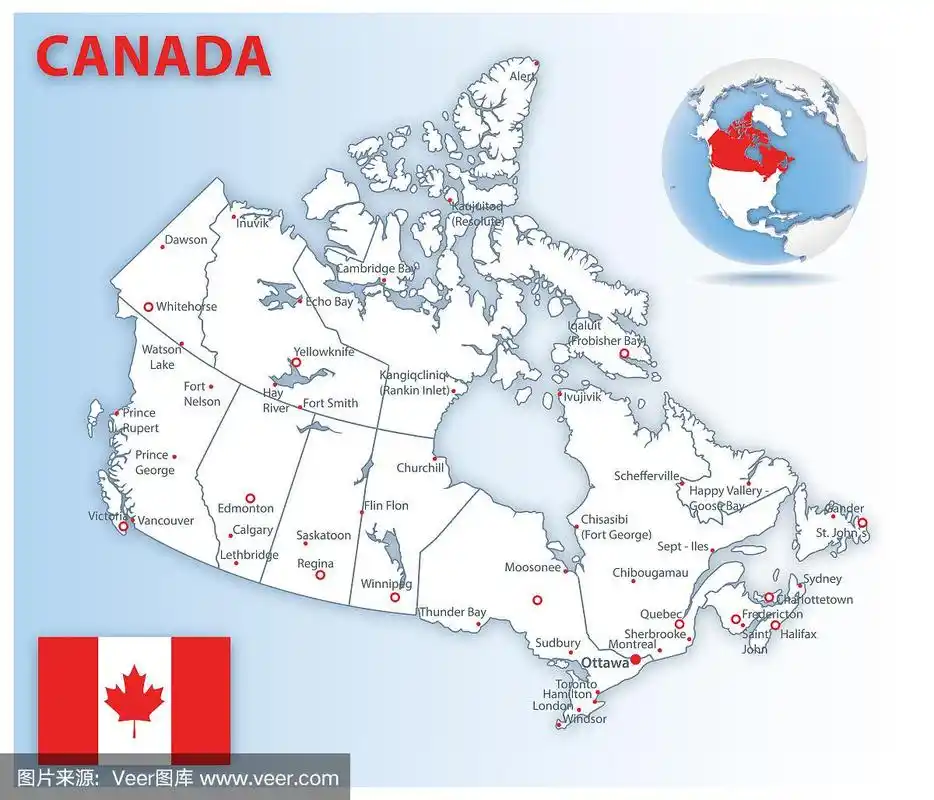 详细的加拿大行政区划地图,带有国旗和全球位置.