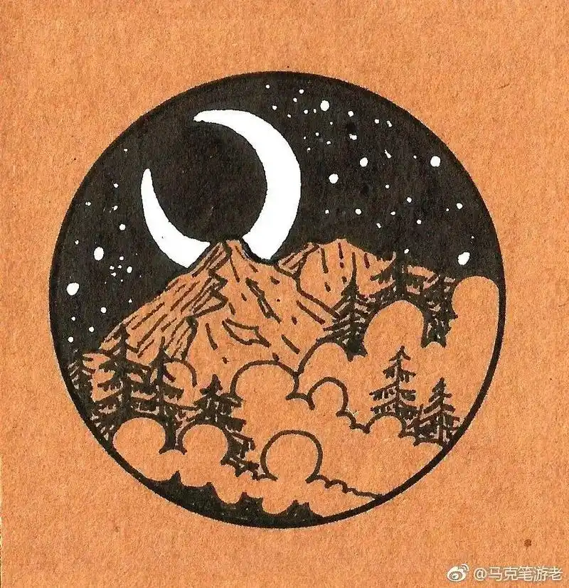 儿童都能画的圆形黑白画,用钢笔,针管笔画,手账本上的简笔画