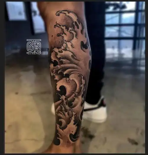 石家庄纹身子恒刺青小腿传统浪花纹身