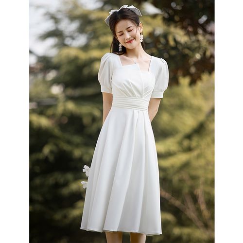 领证登记小白裙日常白裙子气质缎面平时可穿订婚礼服轻婚纱连衣裙