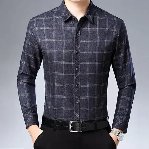 格子衬衫长袖春装薄款新款男休闲打底衬衫中年爸爸装修身衬衣官方男装