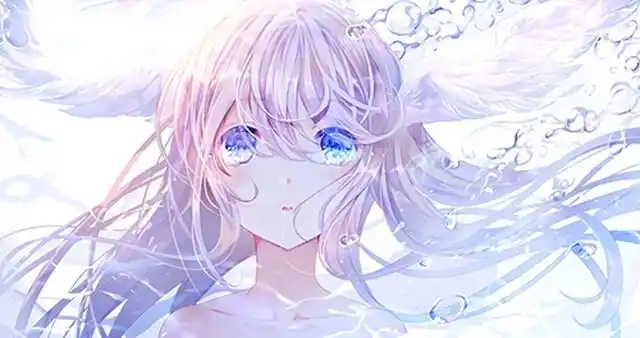 二次元 动漫 白色头发 天使 蓝色眼睛 水中 可爱 唯美
