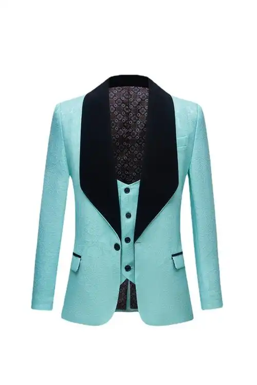 欧美英伦爆款娃娃领青色提花西服男士礼服主持人影楼服装绒布领子