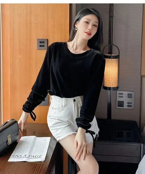 两穿v领长袖丝绒t恤女装高级感气质宽松中长款内搭打底衫上衣 - 17网