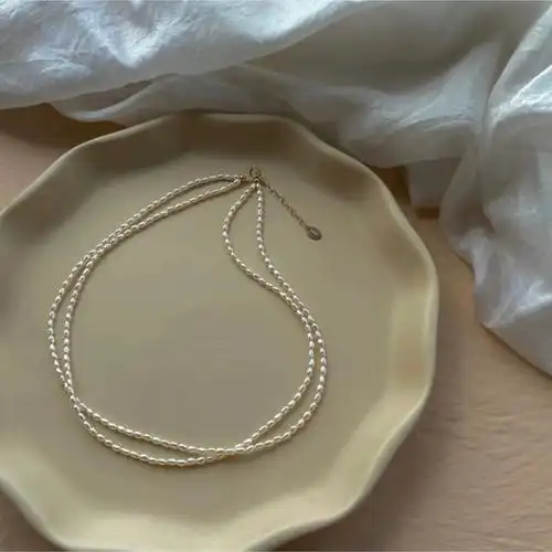 tyusha稀有强光天然小粒珍珠项链女14k包金锁骨链简约气质串珠链