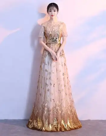 金色亮片宴会晚礼服长款2018新款高贵优雅端庄大气主持人礼服裙女