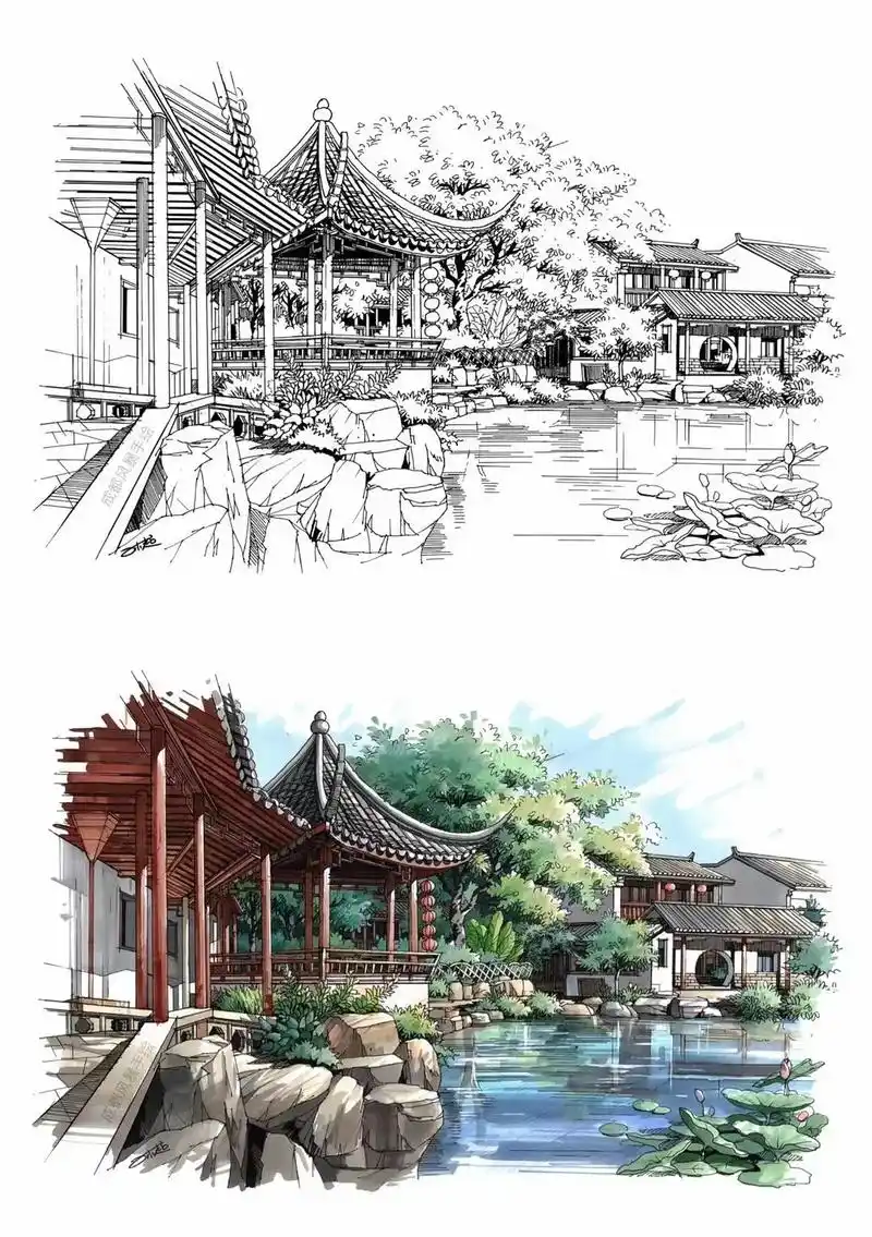 景观手绘古建筑手绘苏州园林景观手绘.#苏州园林 #景观手绘  - 抖音