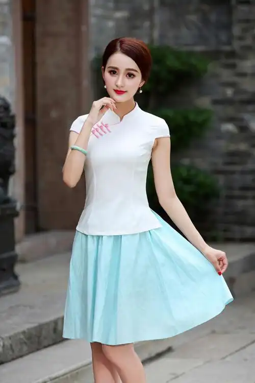 批发民国风复古改良旗袍上衣纯色唐装女士修身短袖上衣厂家直销