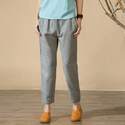 棉麻九分裤女装薄款亚麻女裤宽松大码松紧腰显瘦休闲裤哈伦裤女夏