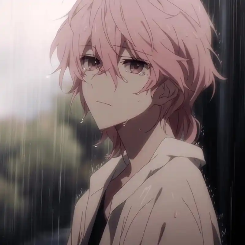 动漫男头 雨中少年粉发