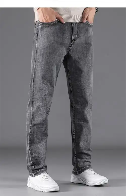 新品烟灰色牛仔裤男士直筒直简阔腿大裤脚秋冬款加绒长裤厚款无双至京