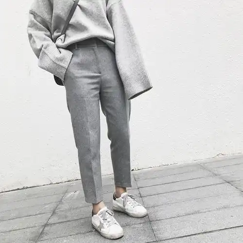 nini 推荐 洋气浅灰色阔腿哈伦裤秋冬羊毛呢九分休闲西装裤子女