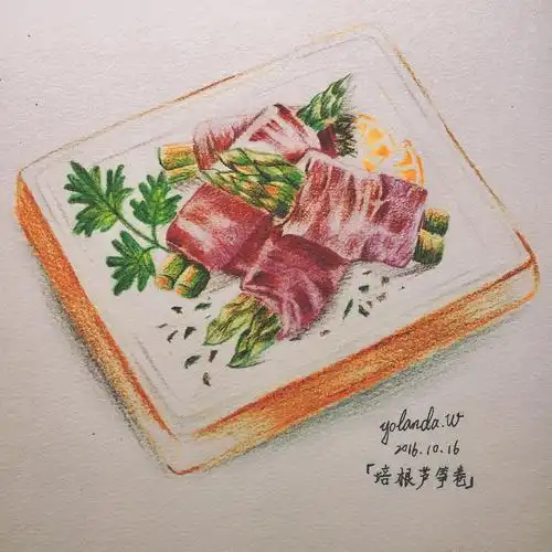 彩铅美食の芦笋培根卷