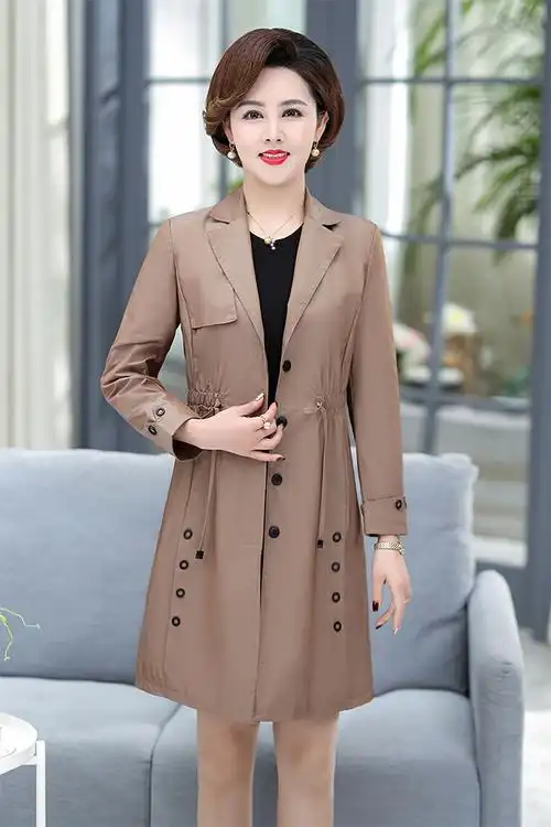 中老年女士风衣中长款单排扣春装新款韩版收腰显瘦修身妈妈装外套