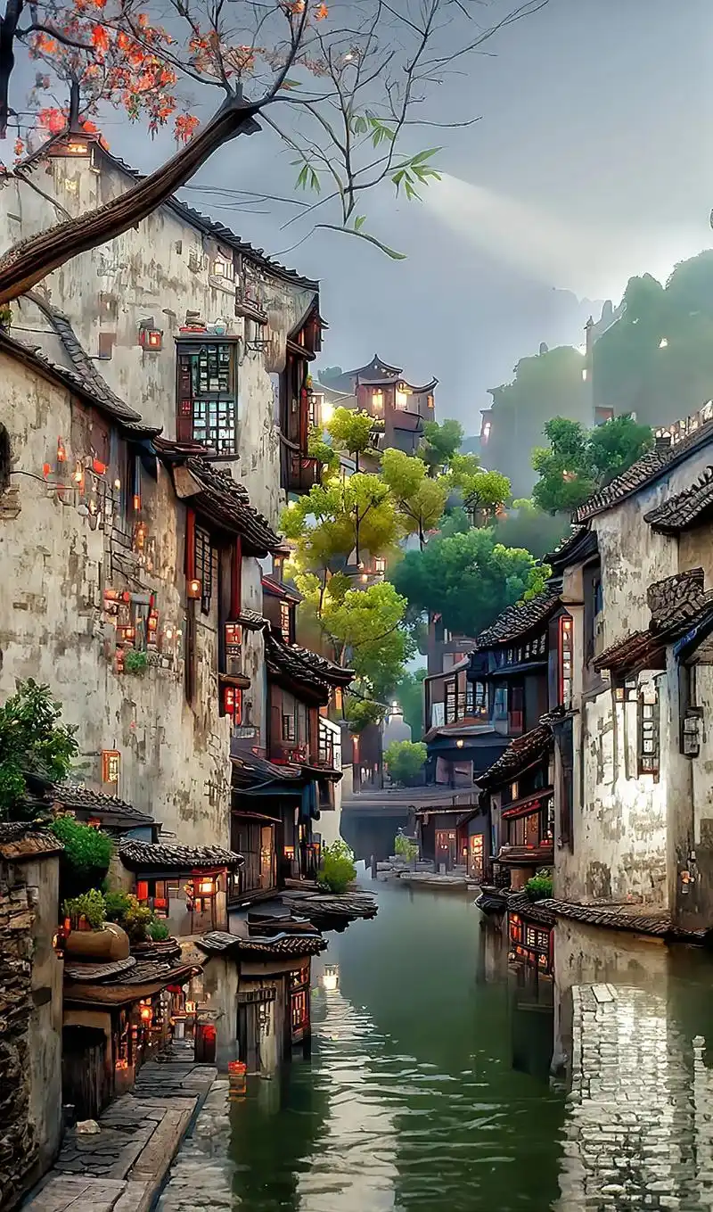 这样的景色该怎么形容呢?#江南水乡风景 #原创#ai绘画 - 抖音