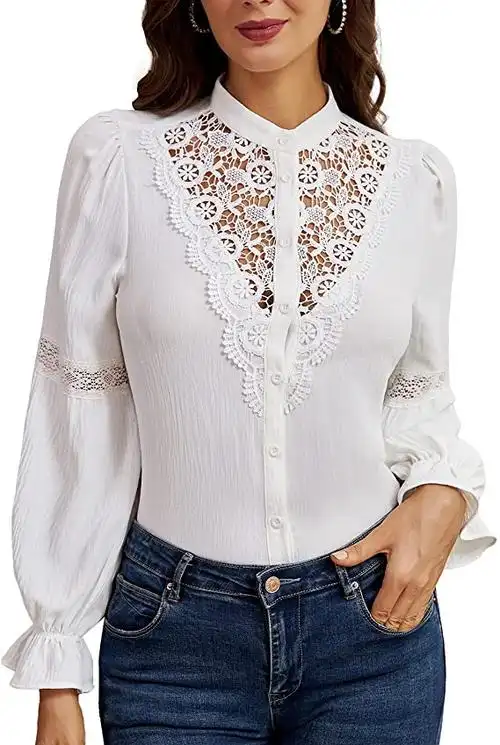 curlbiuty 女式褶皱长袖衬衫休闲蕾丝纽扣衬衫上衣