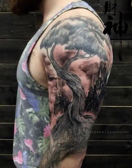 仙宫(添加)纹身图片_成品欧美原创植物肩部手臂纹身图案