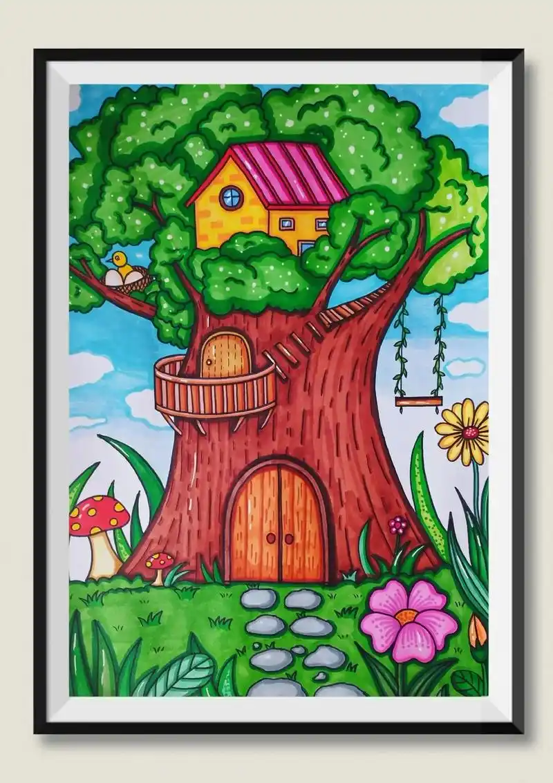 《树屋》绿色家园主题画,美丽的童话世界#简笔画 #儿童画 # - 抖音