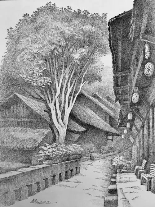 一位寄情于古镇的钢笔画家,记吴天先生的大圩古镇写生作品分享