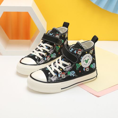 迪士尼女童高帮帆布鞋春秋儿童板鞋小学生中大童韩版印花帆布鞋