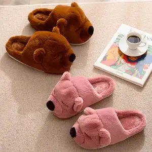 可爱小熊毛拖鞋女冬天加绒保暖厚底防滑家居儿童卡通动物棉拖鞋男