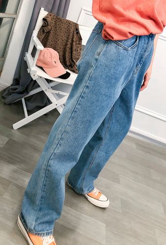 远远ys韩国东大门百搭大长腿松紧腰好穿女长款中高腰阔腿牛仔裤