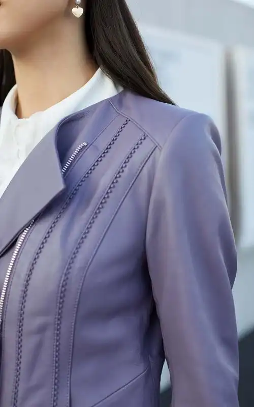 moda2020秋冬新款拉链装饰羊皮革修身短款皮衣女320310031 e37苍紫色