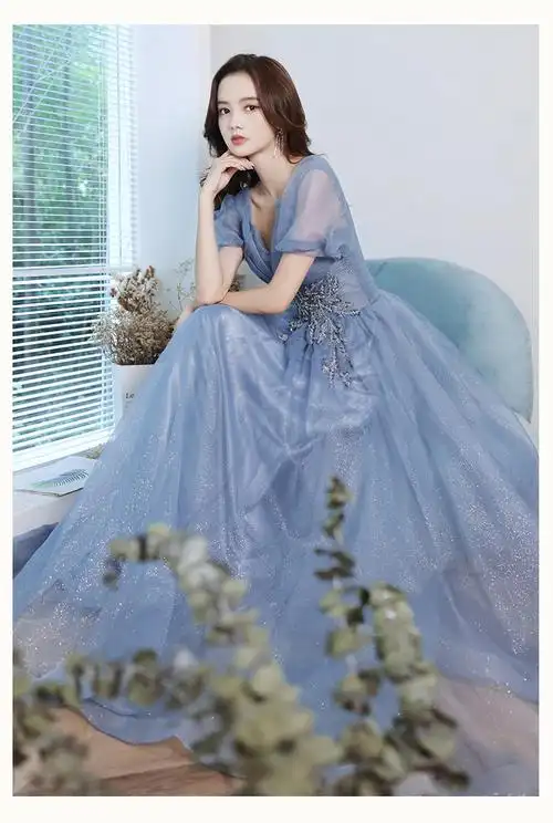 蓝色晚礼服女春季2022新款气质仙气主持人连衣裙法式长款年会礼服