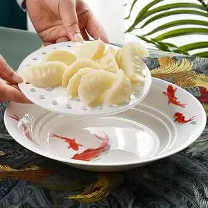 水饺盘子沥水双层盘陶瓷骨瓷图片