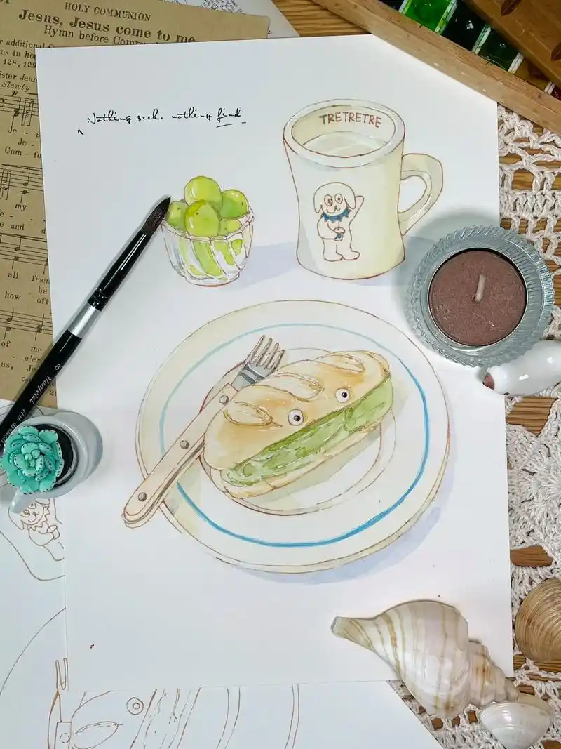 抹茶米面包～#钢笔淡彩 #水彩 #插画 #原创 #双11拿捏 - 抖音