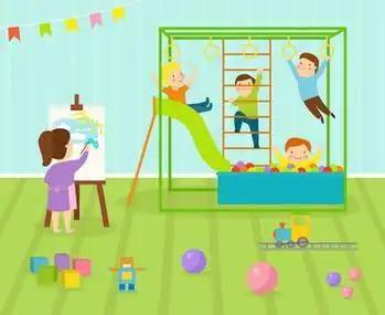 孩子游戏室光家具装饰操场和地板地毯装饰平面样式卡通舒适室内矢量图