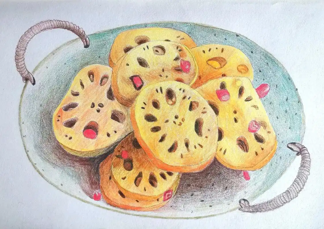 今日美食之#炒藕片#彩铅画 #绘画过程#临摹 - 抖音