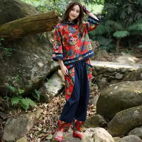 民族风2017年秋九分袖刺绣棉麻撞色双口袋时尚套装二件套女